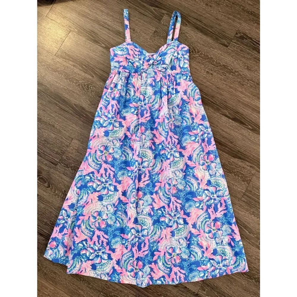 Lilly Pulitzer Azora Cotton Midi Dress Blue Tang Sitting Seaside